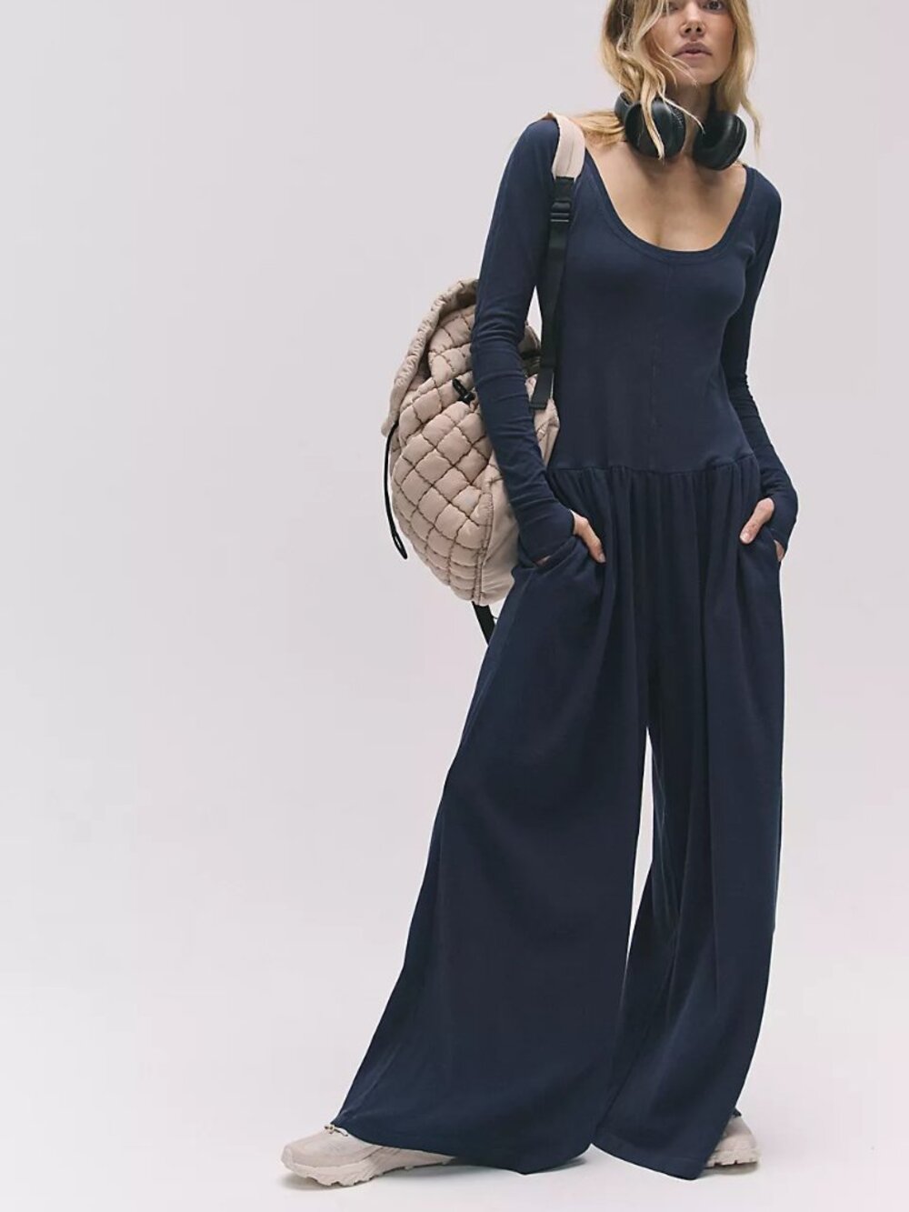 Free People FP Movement Hot Shot Wide-Leg Onesie Midnight Navy Size Medium